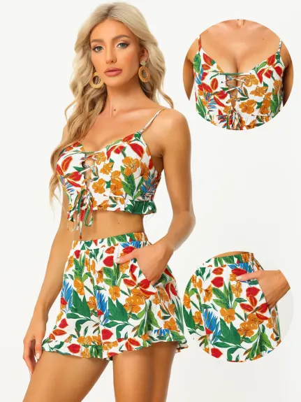 Allegra K- Boho Floral 2 Piece Sleeveless Lace Up Crop Top and Shorts Set