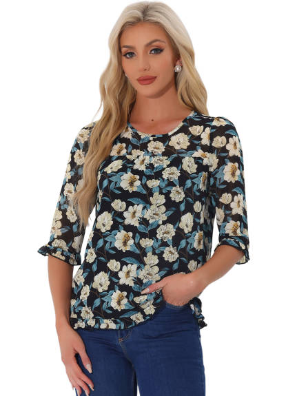 Allegra K- Floral Ruffled 3/4 Sleeve Chiffon Blouse