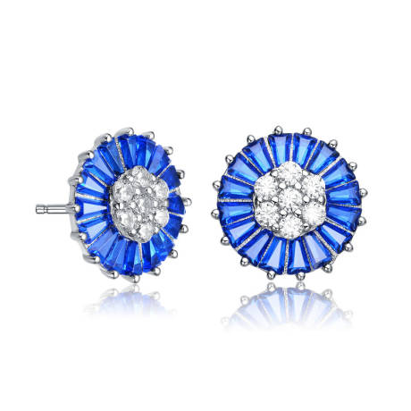 Genevive Sterling Silver White Gold Plated with Colored Round and Baguette Cubic Zirconia Stud Earrings