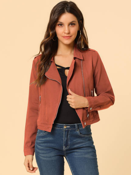 Allegra K- Notched Lapel Asymmetric Zip Moto Denim Jacket