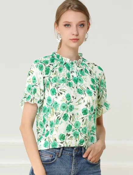 Allegra K- Floral Short Sleeve Ruffle Neck Blouse