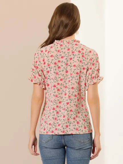 Allegra K- Floral Short Sleeve Ruffle Neck Blouse