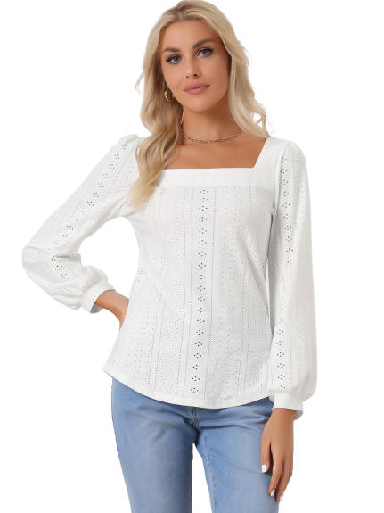 Allegra K- Collar Puff Eyelet Tunic Tops