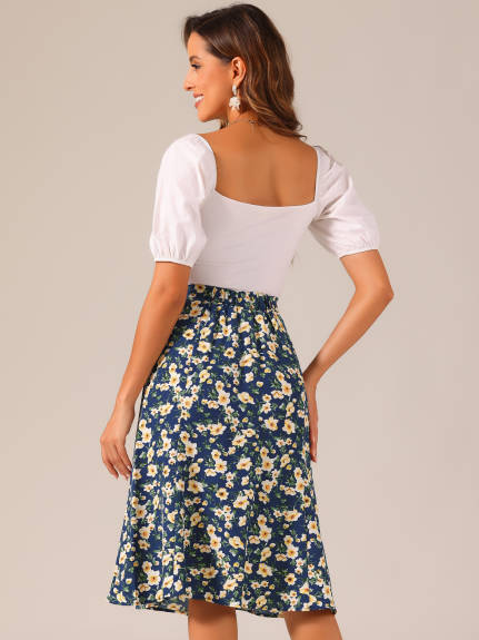 Allegra K- Elastic Waist A-Line Midi Leave Print Skirt