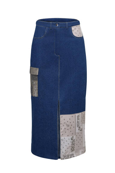 Hilary MacMillan- Patchwork Denim Midi Skirt