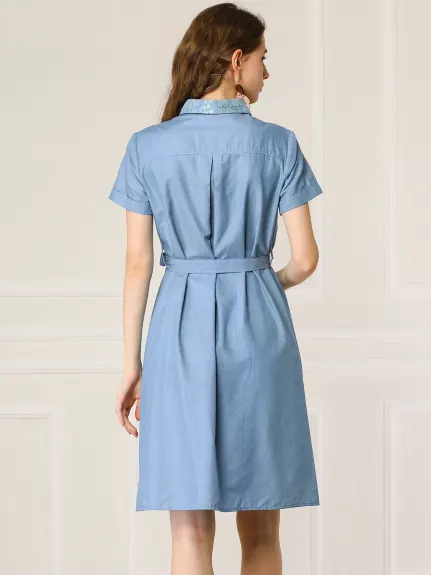 Allegra K- Button Down Belted Denim Shirt Dress