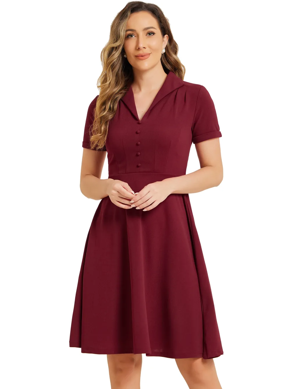 Allegra K- Vintage Flat Collar Short Sleeve Fit and Flare Dress