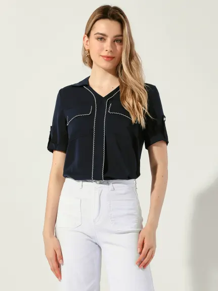 Allegra K - Chiffon V Neck Short Sleeve Blouse