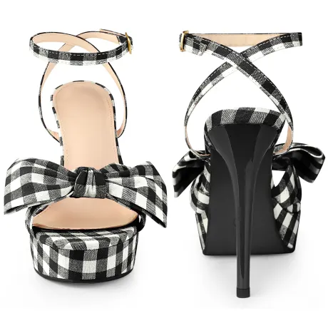 Allegra K- Bow Platform Stiletto Heels Plaid Sandals