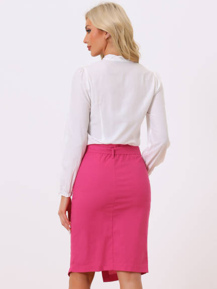 Allegra K - Button Decor Split Belted Pencil Skirt