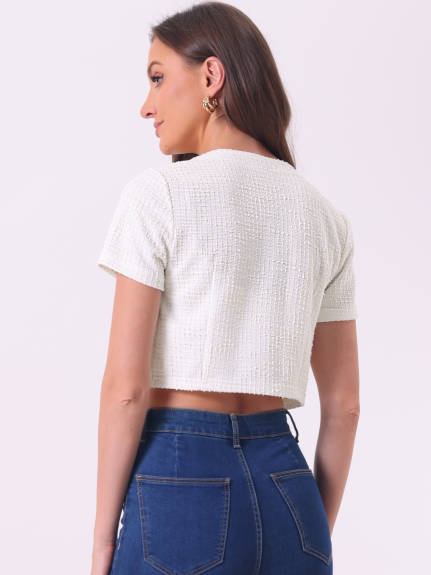 Allegra K- Short Sleeve Crop Tweed Cardigan