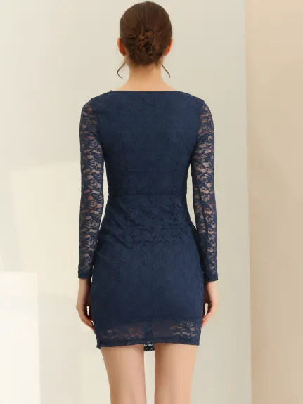 Allegra K- Lace Evening Pencil Long Sleeve Bodycon Mini Dress