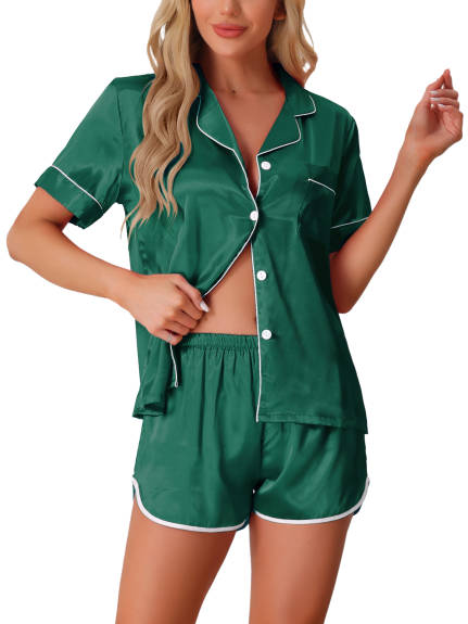 Cheibear - Satin Short Sleeve  Button Down Pajama Set