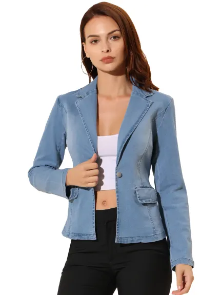 Allegra K- Notched Lapel One Button Washed Denim Blazer