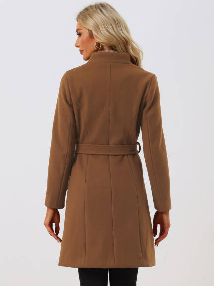 Allegra K - Stand Collar Mid-Long Belted Overcoat