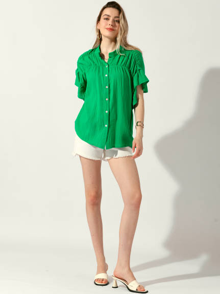 Allegra K - Button Up Textured Ruffle Sleeve Blouse