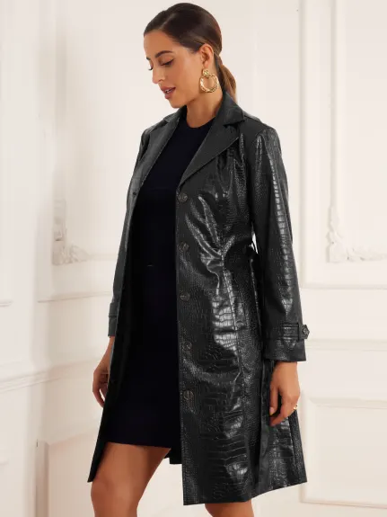 Allegra K - Belted Winter Faux Leather Coat