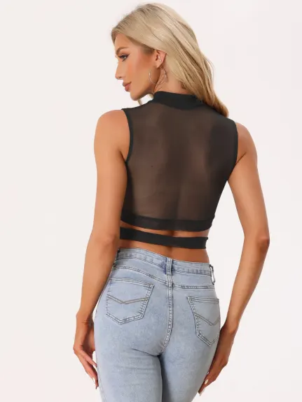 Allegra K- Mesh Sheer Sleeveless Waist Cross Crop Cami Top