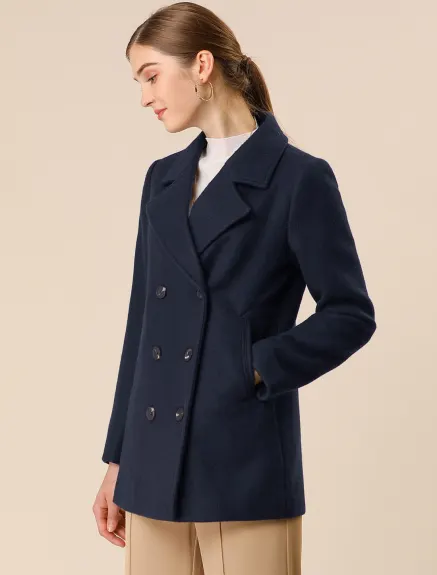 Allegra K- Notched Lapel Double-Breasted Overcoat