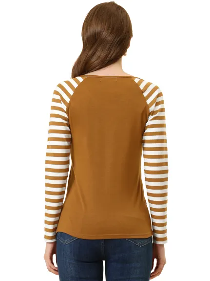 Allegra K- Stripe Raglan Long Sleeve V Neck T-Shirt