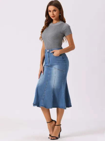 Allegra K- Washed Denim Fishtail Midi Bodycon Skirt