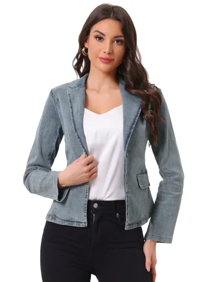 Allegra K- Notched Lapel One Button Washed Denim Blazer