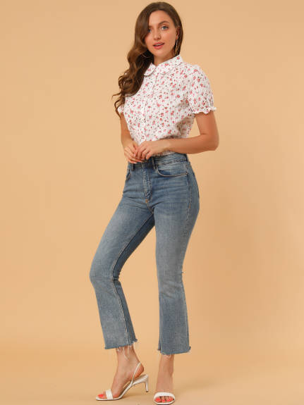 Allegra K - Frilled Short Sleeve Floral Cotton Shirt