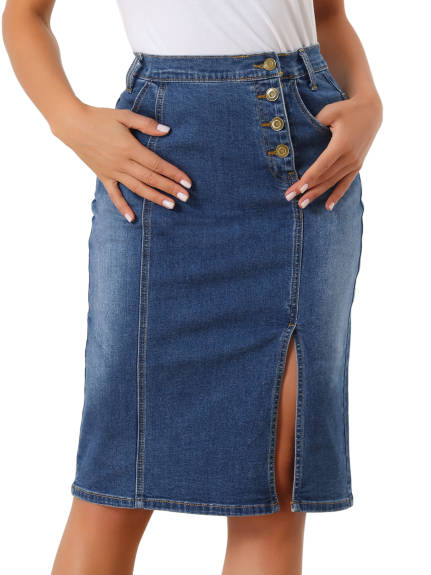 Allegra K - Button Side Slit Midi Denim Skirt