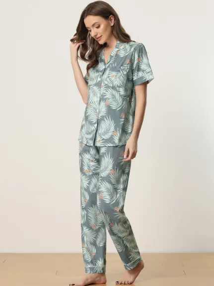 cheibear - Button Down Satin Floral Summer Pajamas Set