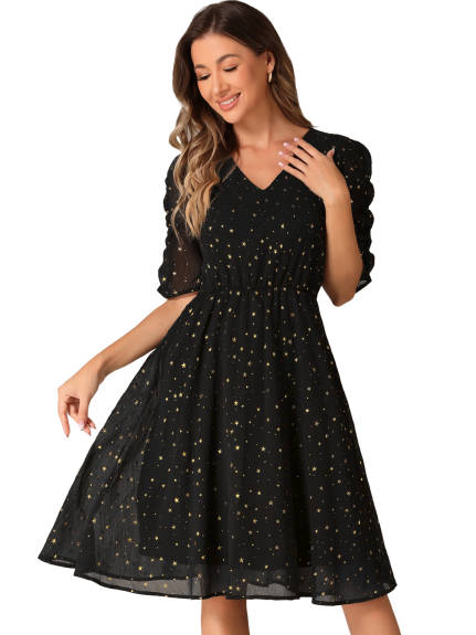 Allegra K - Stars Printed Ruched Sleeve A-line Dress