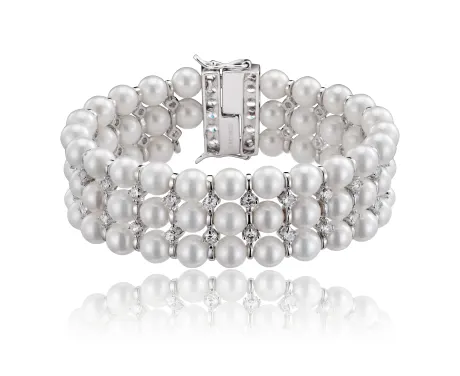 Bracelet Genevive en argent sterling plaqué or blanc avec 3 rangées de perles et oxyde de zirconium