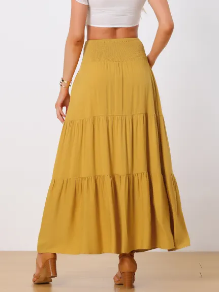 Allegra K- Elastic High Waist Boho Tiered Summer Maxi Skirt