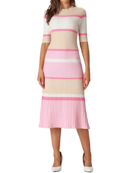 Hobemty- Short Sleeve Striped Knit A-Line Midi Dress