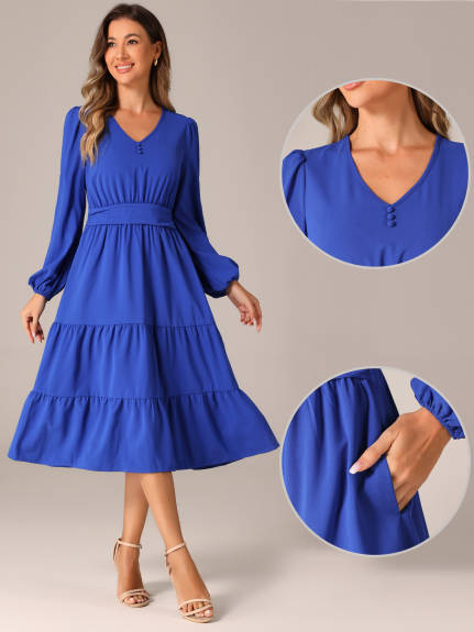 Allegra K - V Neck Lantern Sleeve Ruffle Flowy Dress