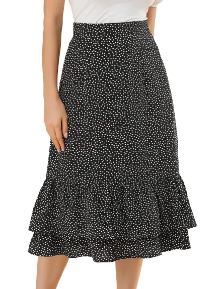 Allegra K- Printed Chiffon Ruffle Tiered Zipper Midi Skirt