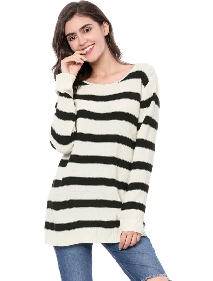 Allegra K- Round Neck Drop Shoulder Loose Striped Tunic Sweater