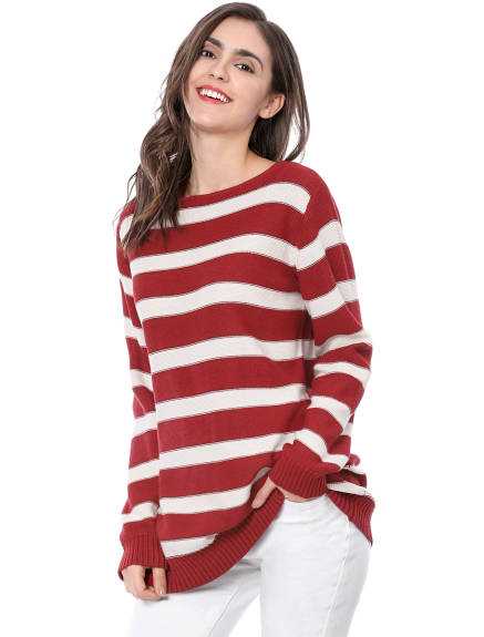 Allegra K- Round Neck Drop Shoulder Loose Striped Tunic Sweater