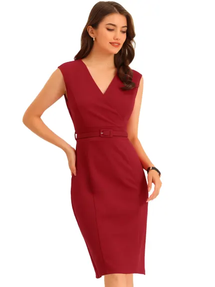 Allegra K- Sheath Sleeveless V Neck Belt Pencil Dress