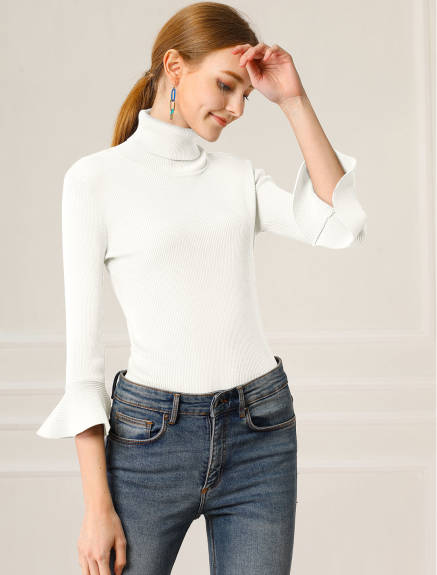 Allegra K- Turtle Neck 3/4 Ruffle Sleeves Pullover Slim Rib Knit Sweater