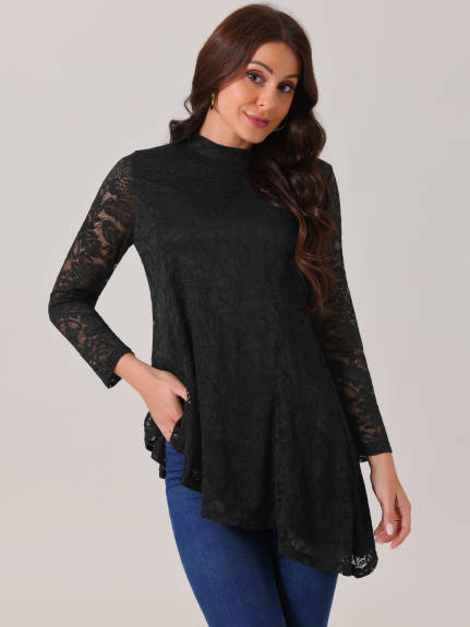 Allegra K - Lace Long Sleeve Mock Neck Blouse