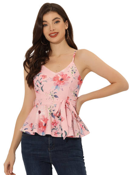 Allegra K- V Neck Tie Waist Peplum Cami Tank