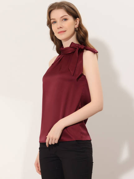 Allegra K - Satin Sleeveless Tie Neck Work Blouse