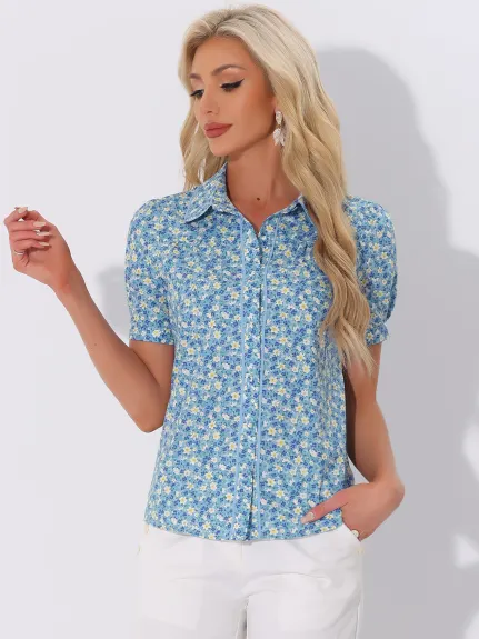 Allegra K- chemise florale à manches bouffées à garniture contrastée