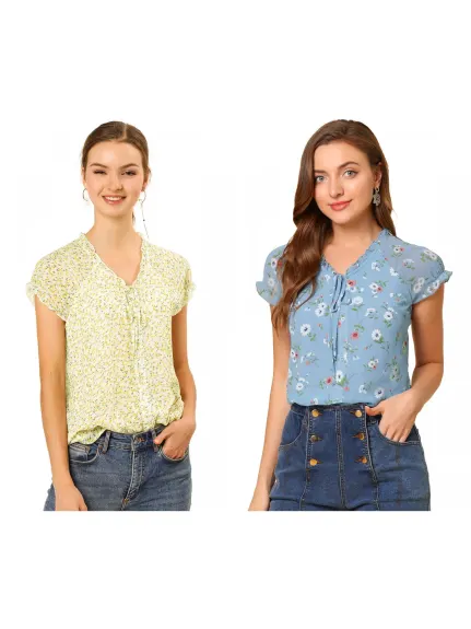 Allegra K- V Neck Summer Floral Chiffon Blouse 2-Pack