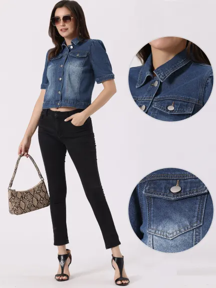 Allegra K- Short Button-Down Jean Denim Jacket