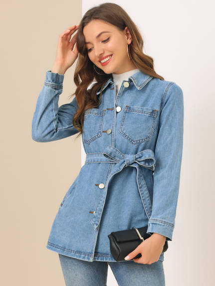 Allegra K- Raglan Sleeves Tie Belt Waist Denim Jacket