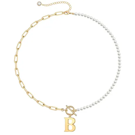 Rachel Glauber 14K Gold Plated Initial "B" Pearl Link Chain Necklace