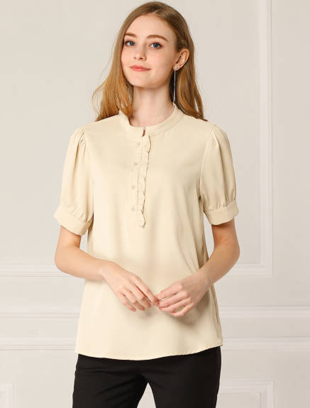 Allegra K - Puff Sleeve Chiffon Half Placket Top