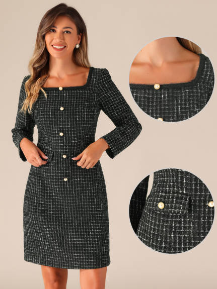 Allegra K - Tweed Plaid Square Neck Long Sleeve Dress