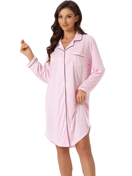 cheibear - Satin Button Down Long Sleeve Shirt Nightgown